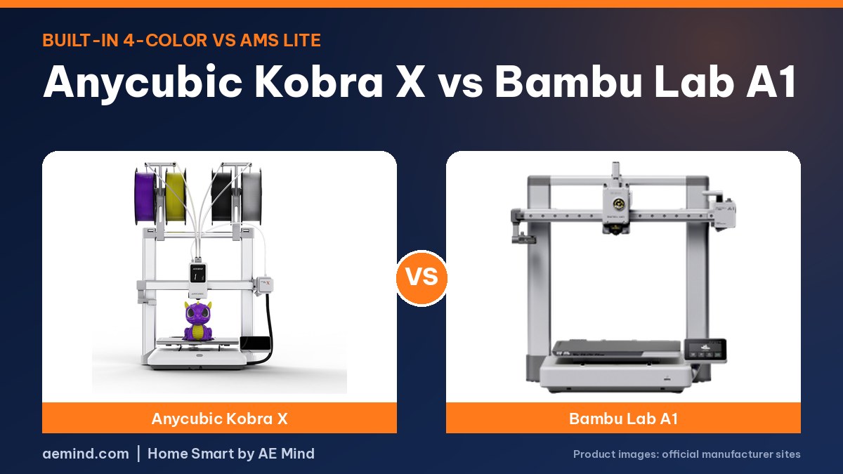 Anycubic Kobra X vs Bambu Lab A1 comparison: both 3D printers side by side (official product photos)