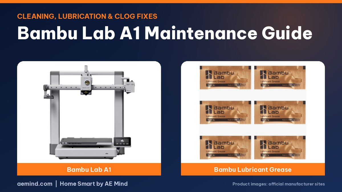 Bambu Lab A1 maintenance guide: Bambu Lab A1 3D printer and Bambu Lubricant Grease (official product photos)