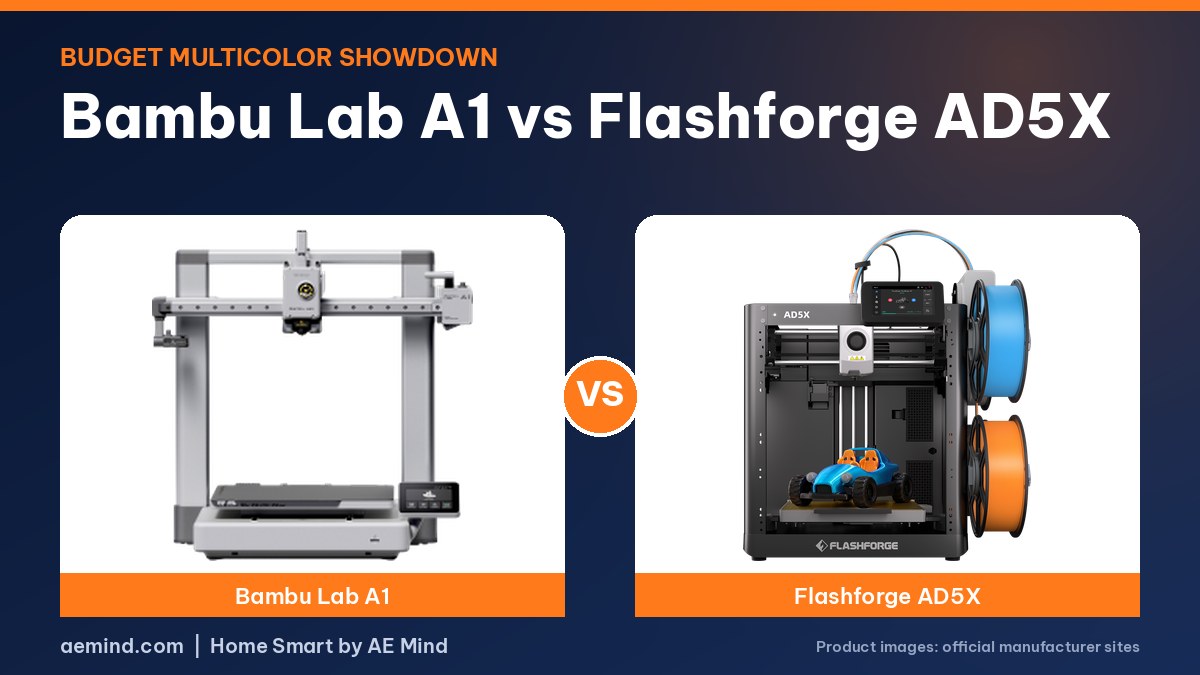 Bambu Lab A1 vs Flashforge AD5X comparison: both 3D printers side by side (official product photos)