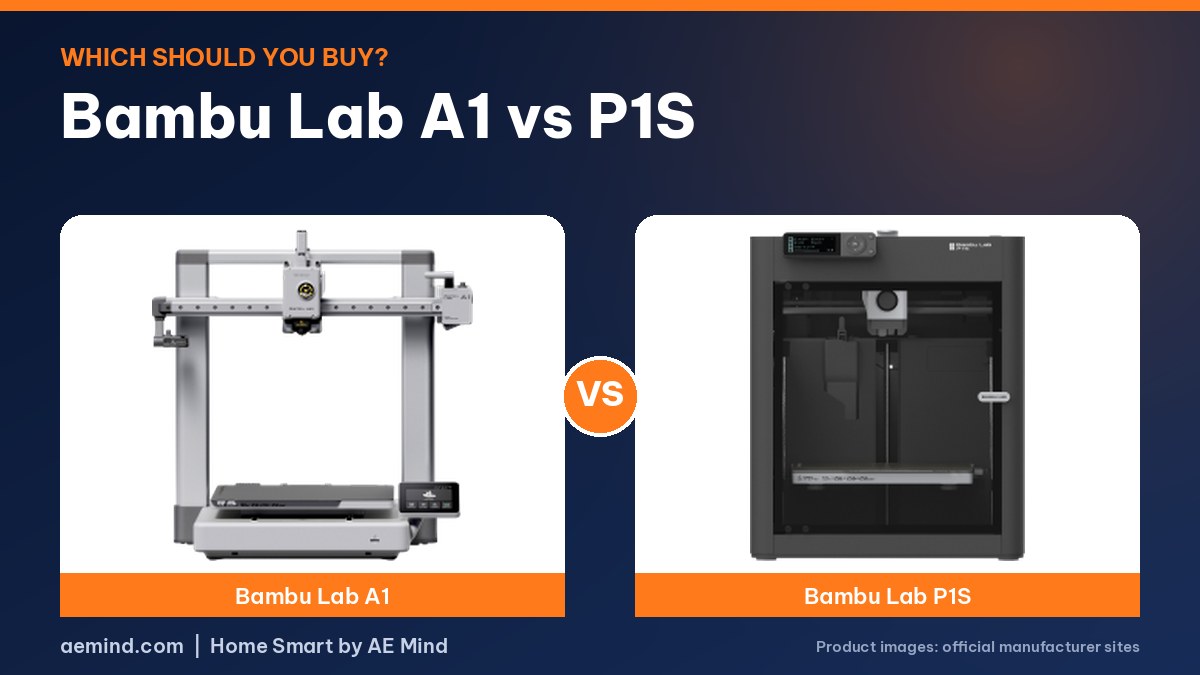 Bambu Lab A1 vs P1S comparison: the Bambu Lab A1 and Bambu Lab P1S 3D printers side by side (official product photos)