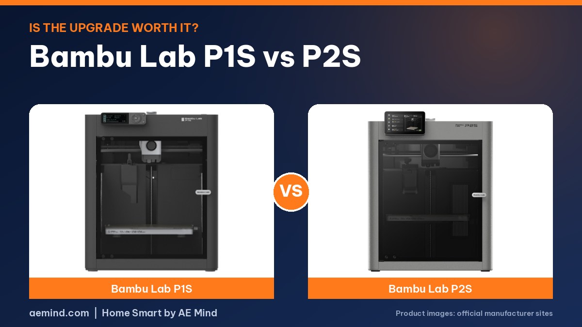 Bambu Lab P1S vs P2S comparison: the Bambu Lab P1S and Bambu Lab P2S 3D printers side by side (official product photos)
