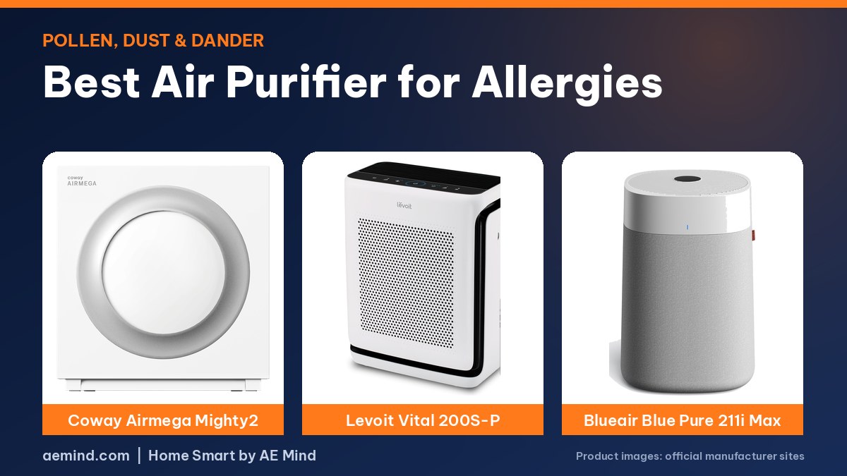 Best air purifier for allergies featured image with Coway, Levoit and Blueair purifiers