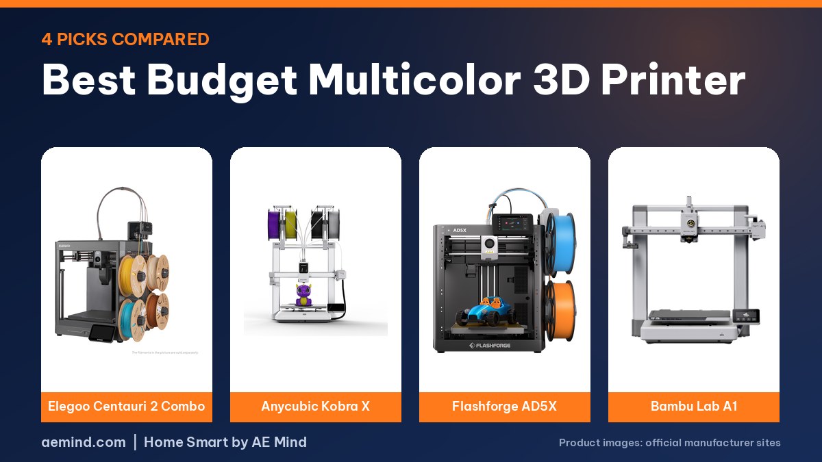 Best budget multicolor 3D printer: Elegoo Centauri 2 Combo, Anycubic Kobra X, Flashforge AD5X and Bambu Lab A1 (official product photos)