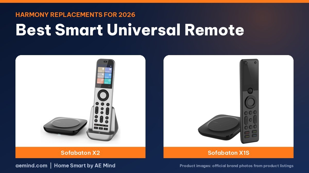 Sofabaton X2 and Sofabaton X1S universal remotes on a navy and orange background