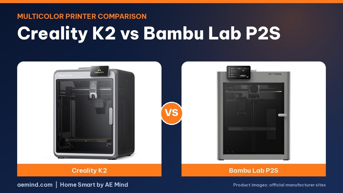 Creality K2 vs Bambu Lab P2S comparison: both 3D printers side by side (official product photos)