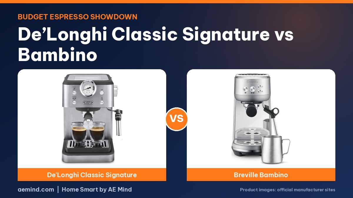 DeLonghi Classic Signature vs Breville Bambino espresso machines side by side