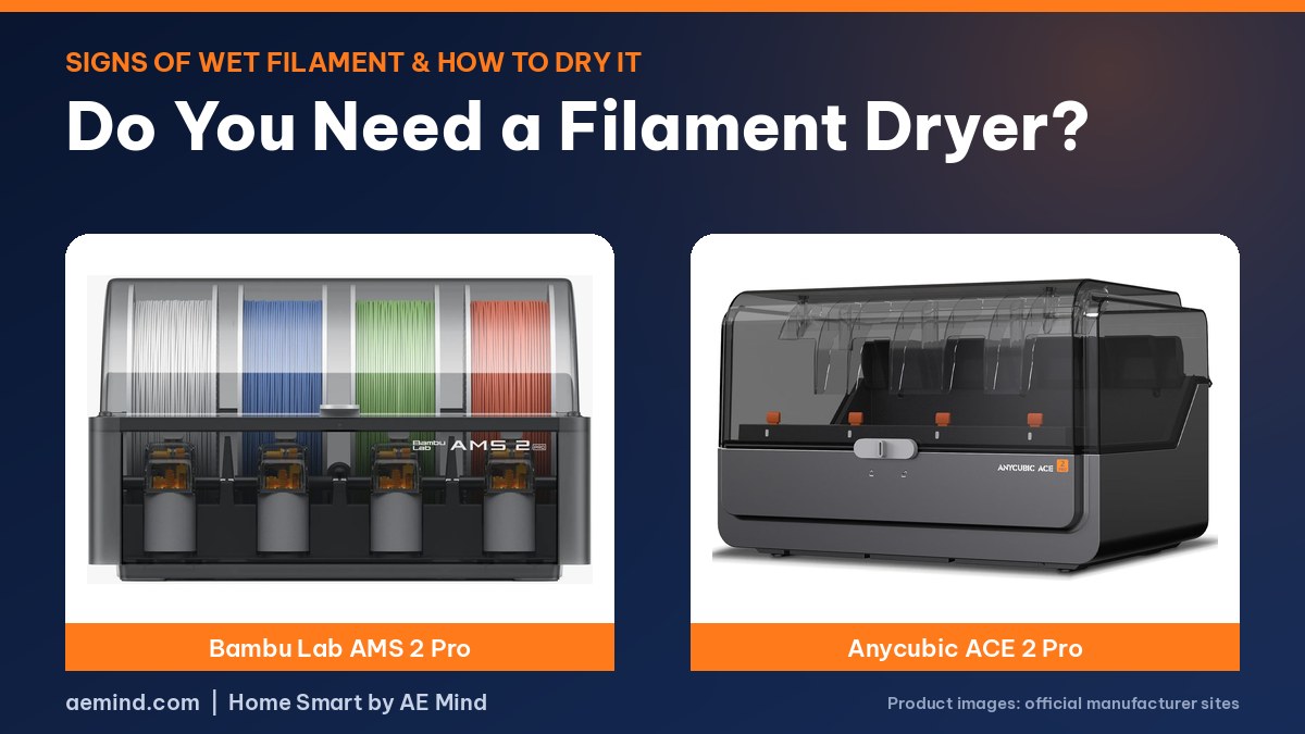 Filament dryer options: Bambu Lab AMS 2 Pro and Anycubic ACE 2 Pro with built-in filament drying (official product photos)