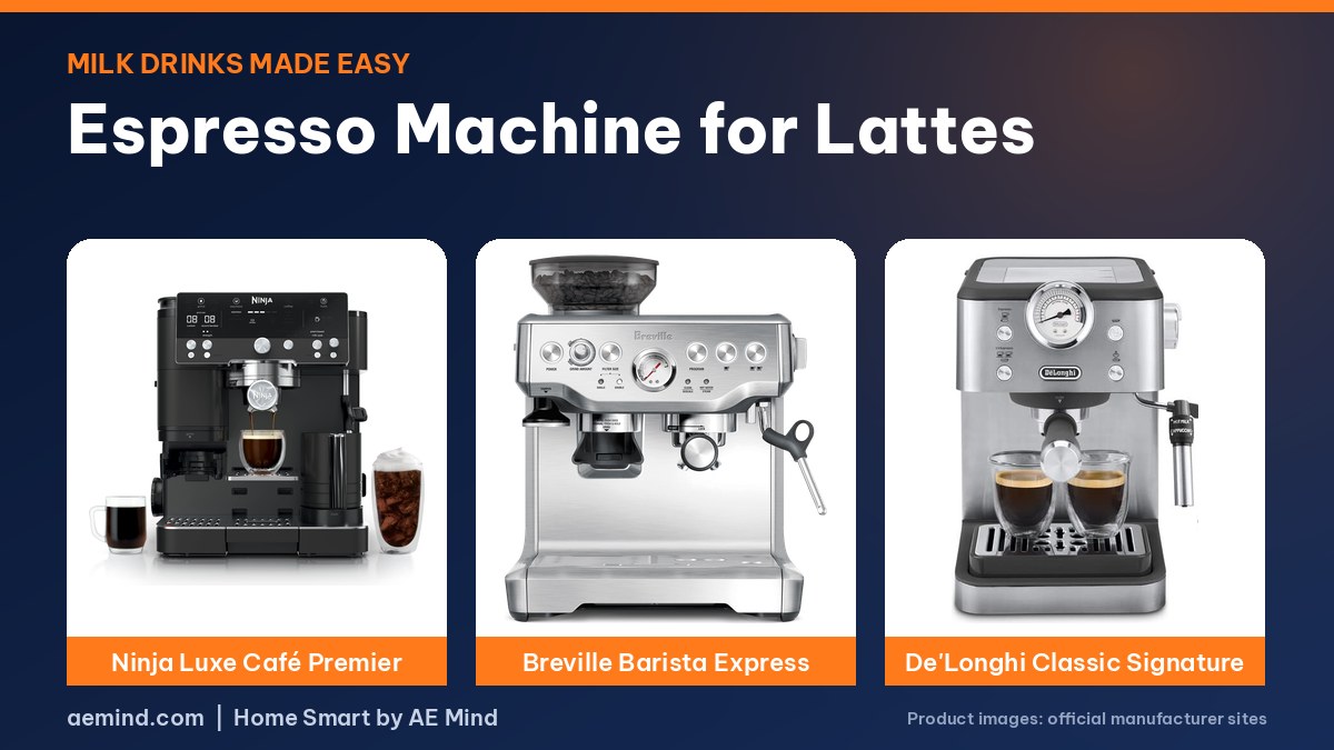 Espresso machine for latte drinks: Ninja Luxe Cafe, Breville Barista Express and DeLonghi Classic Signature