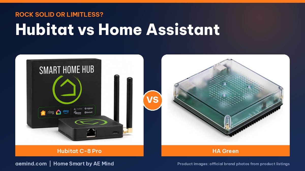 Hubitat vs Home Assistant: official product photos on a navy and orange background