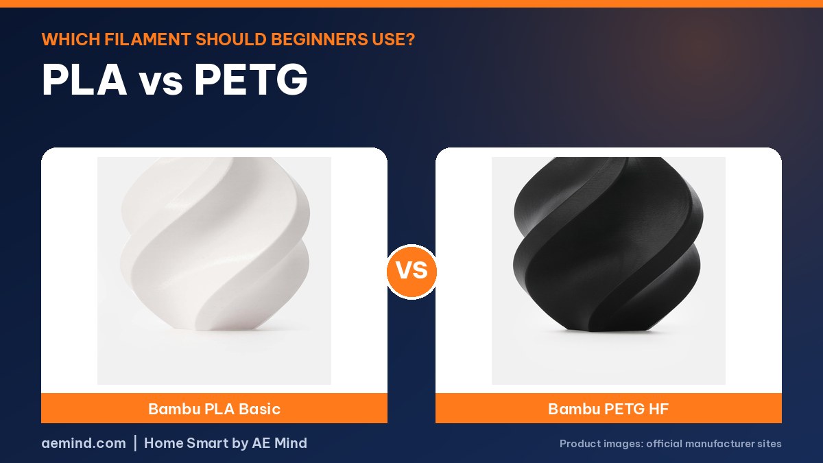 PLA vs PETG filament comparison: Bambu PLA Basic and Bambu PETG HF sample prints (official product photos)