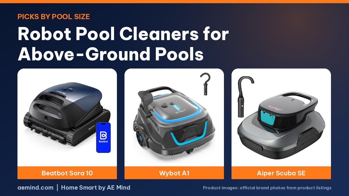 Robotic Pool Cleaner for Above Ground Pool: official product photos on a navy and orange background
