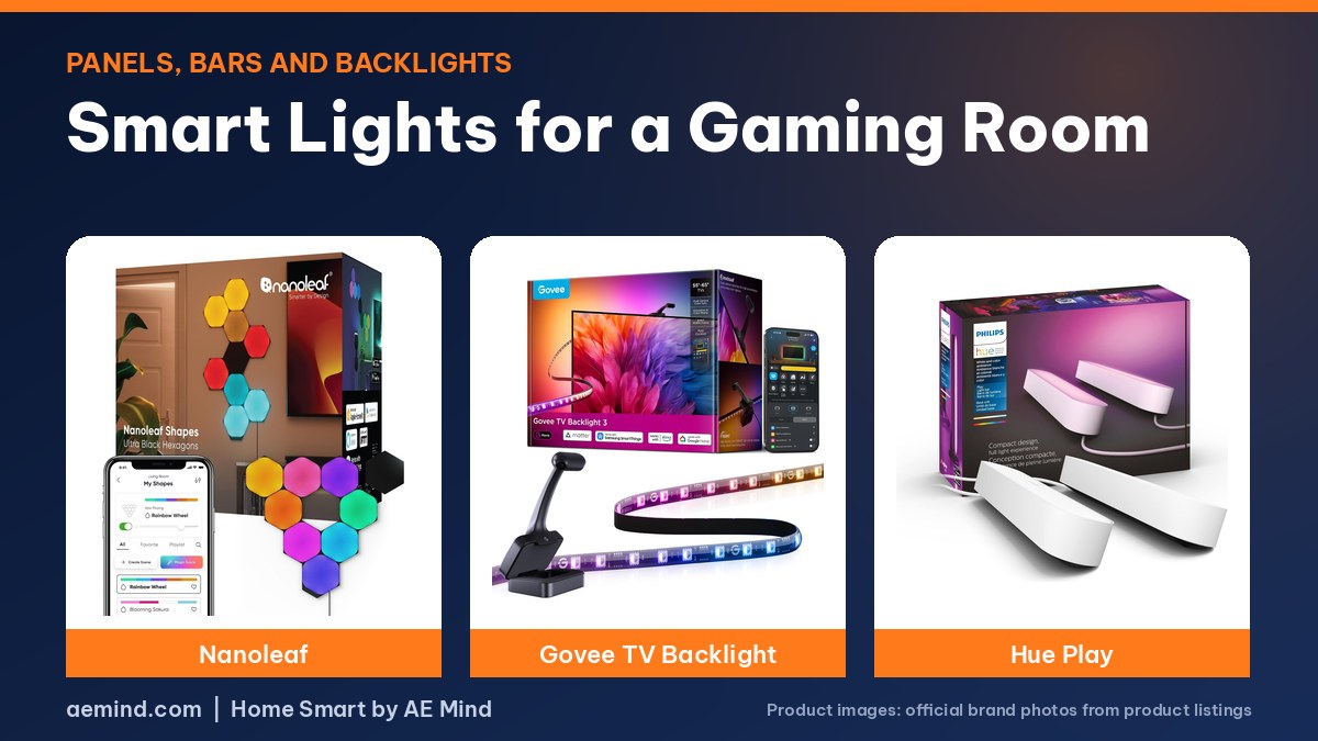 Smart Lights for a Gaming Room: official product photos on a navy and orange background