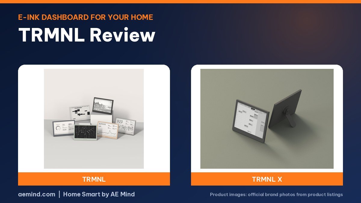 TRMNL and TRMNL X e-ink dashboards on a navy and orange background